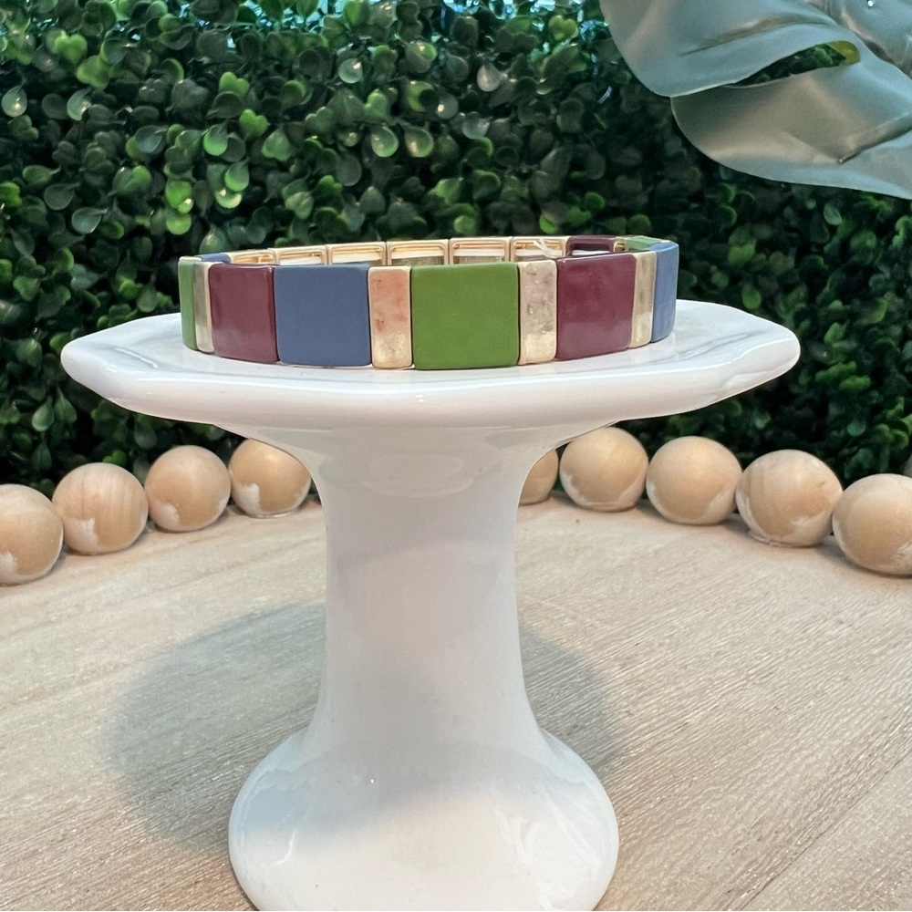 NWT Color Block Enamel Tile Stretch Bracelet Stack | Gold Tone | Stackable